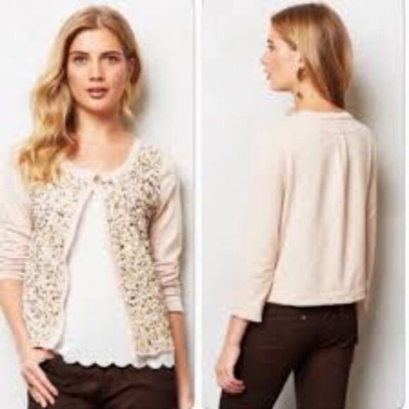 Anthropologie Postmark Beige Cream Sequin Beaded Boxy Fit Pailette Cardigan MED - Picture 1 of 8